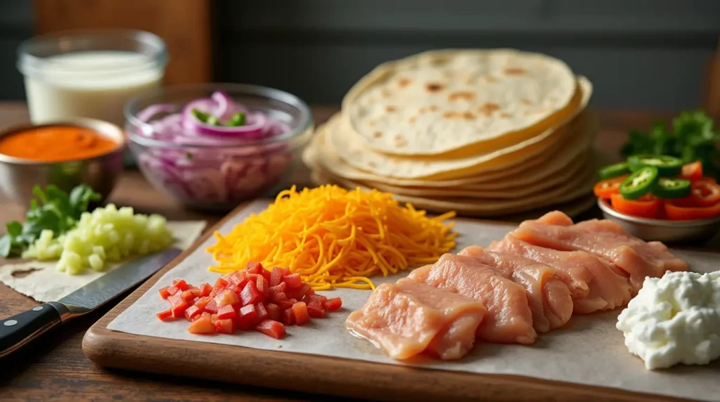 Close-up of a Taco Bell chicken quesadilla with melted cheese, grilled chicken, and crispy tortilla served with a side of salsa and guacamole